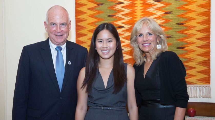 Lao American diplomat Stacey Phengvath poses with U.S. Ambassador to Laos Daniel Clune (left) and Dr. Jill Biden, educator and wife of Vice President of the United States Joe Biden (right), at a U.S. Embassy Vientiane function.